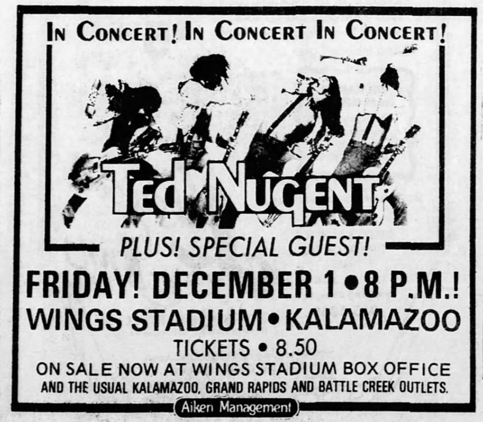Ted Nugent show ad with Golden Earring December 01 1978 Kalamazoo - Wings Stadium